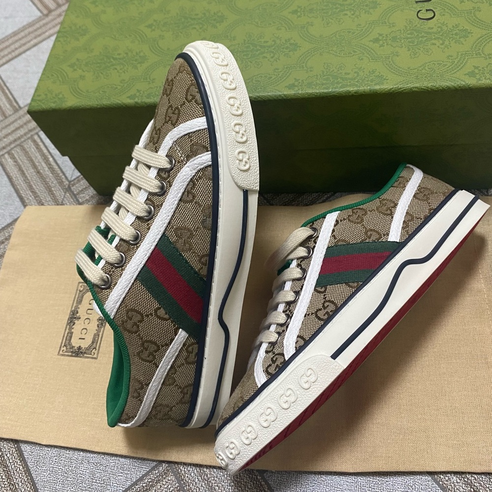 Gucci Beige Monogram Canvas Sneakers with Green and Red Web